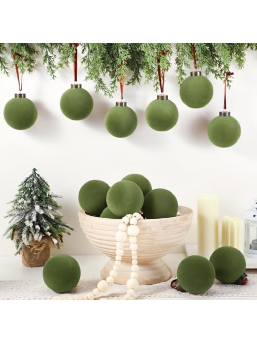 15 Pcs Green Velvet Christmas Ornaments - 3.15 Inch Holiday Decor Balls - Picture 4 of 6